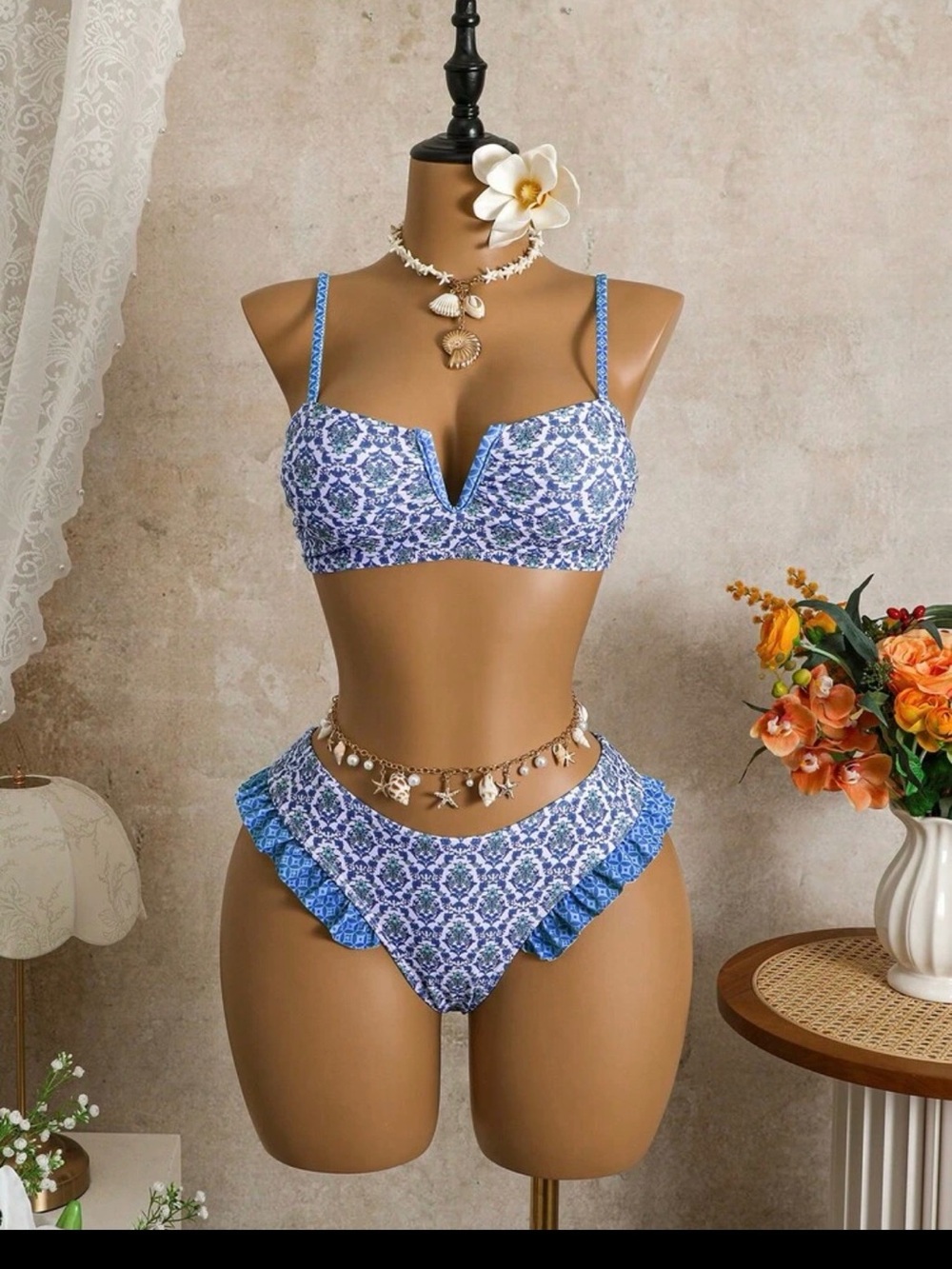 Blue Patterned Ruffle Bikini Set - Women Swim